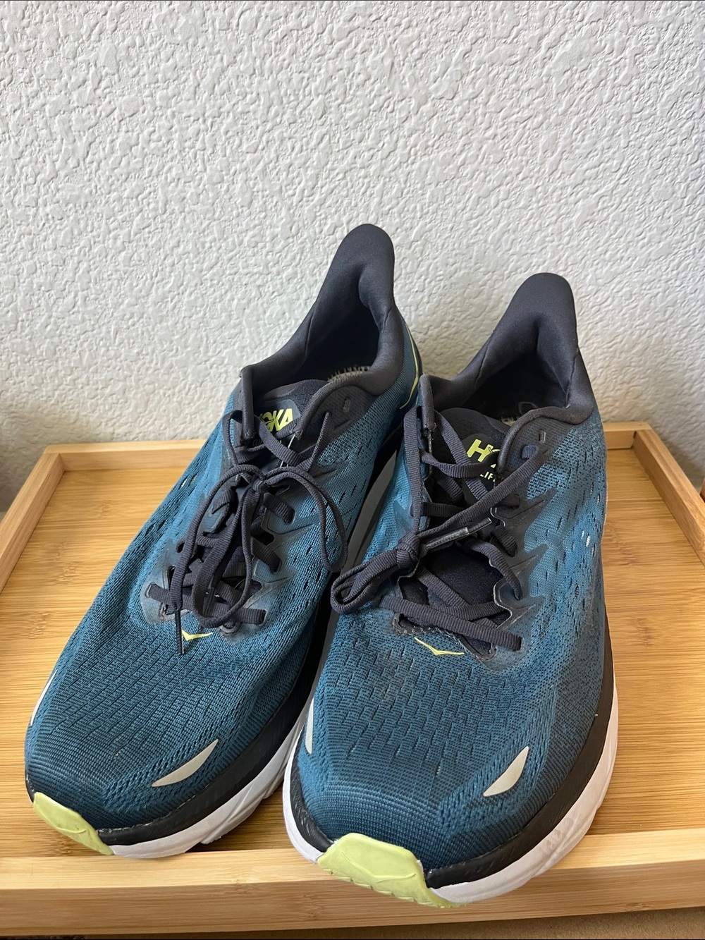 Hoka One One Men's Clifton 8 Running Shoes in Teal, Black and Lime